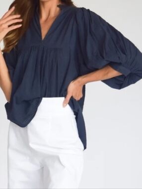 Never A Wallflower Navy V-Neck Balloon Sleeve Blouse Size XXL
